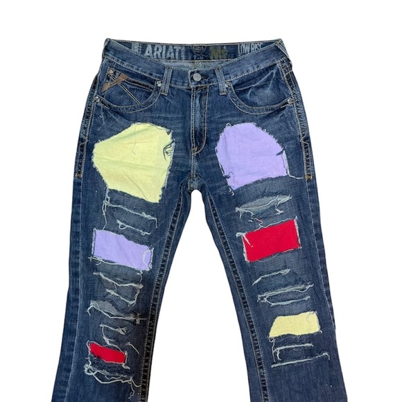 ARIAT Denim M5 Men’s Blue Jeans Low Rise Straight 31x34 W/ Patches Distressed - Picture 3 of 15